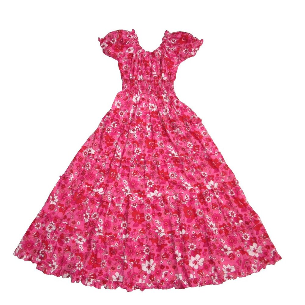 PINK CITY PRINTS Rah Rah in 70's Strawberry Pink Floral Cotton Maxi Dress S